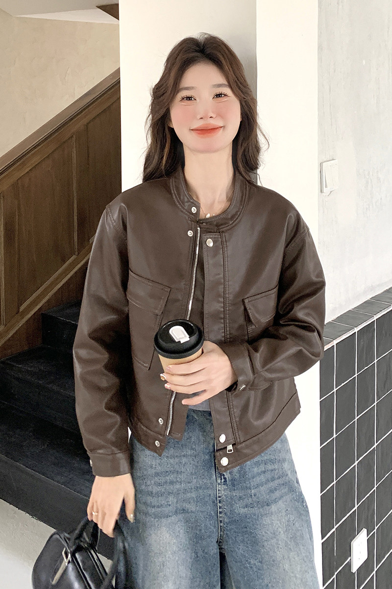 春季新款现货短款立领设计感皮衣外套1532607P130K198,女装皮衣,浙宝153