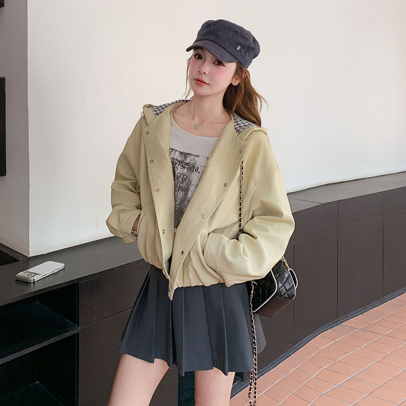 2026新款现货韩版格纹连帽拼接皮衣外套1535202P155K248，女装皮衣，浙宝153