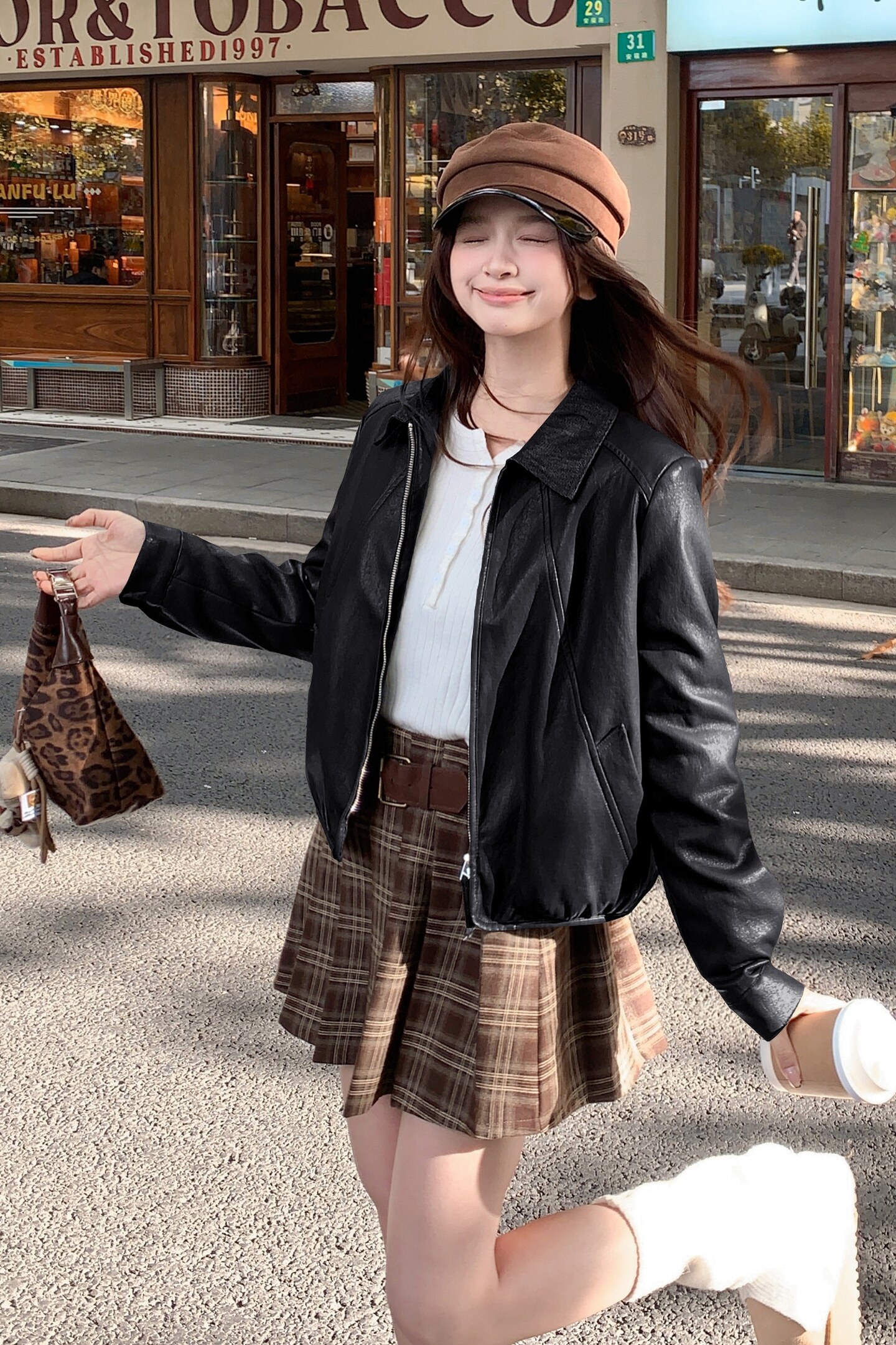2026春季新款现货韩版牛仔领拼皮衣外套1535209P150K248,女装皮衣,浙宝153