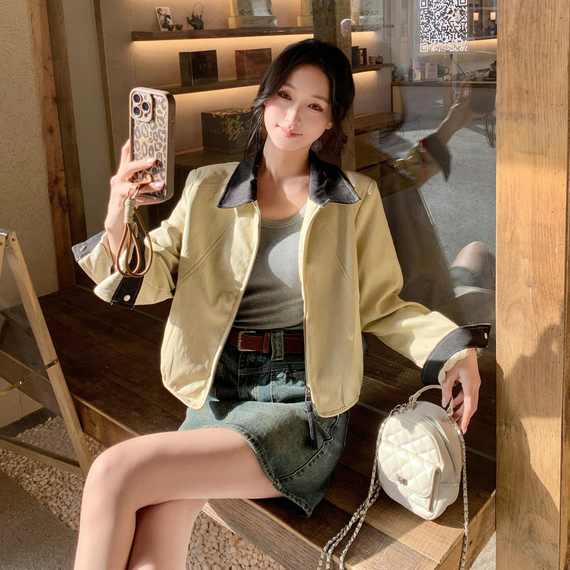 2026春季新款现货韩版牛仔领拼皮衣外套1535209P150K248，女装皮衣，浙宝153
