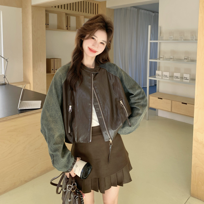 2026春季新款现货韩版牛仔拼接宽松皮衣外套1535212P170K278，女装皮衣，浙宝153