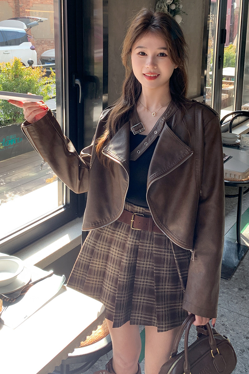 新款现货扎染翻领机车风皮衣外套2411P130控198,女装皮衣,浙宝153