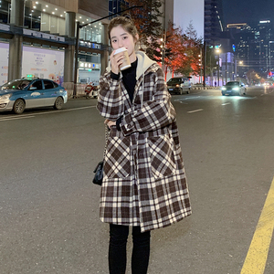 现货加棉冬装针织帽格子中长款呢大衣女1538258P185控268,女装毛呢外套,浙宝153