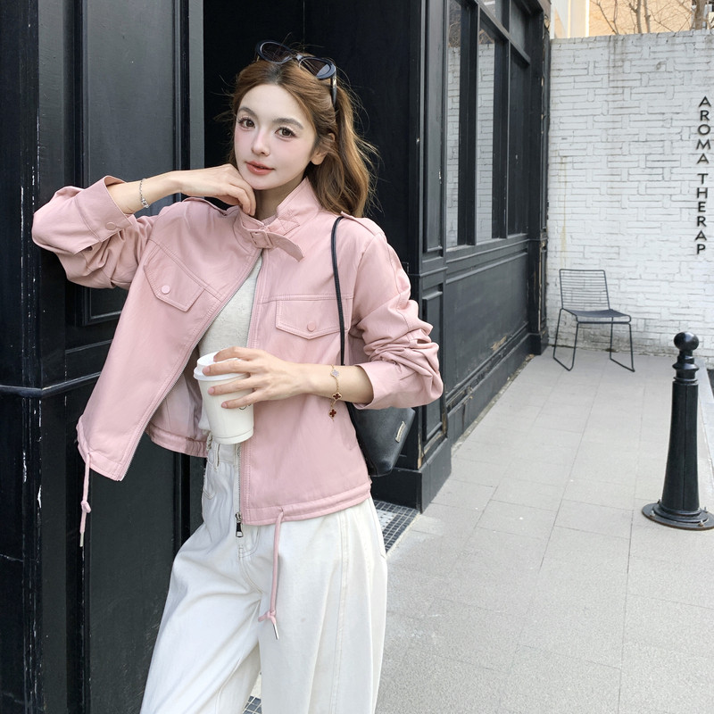 2026春季新款现货韩版抽绳立领皮衣外套1535211P150K248，女装皮衣，浙宝153