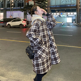 现货加棉冬装针织帽格子中长款呢大衣女1538258P185控268，女装毛呢外套，浙宝153