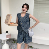 新款现货牛仔提花斜襟扣马甲短裤套装1532450P135KK198，女装套装/套裙，浙宝153