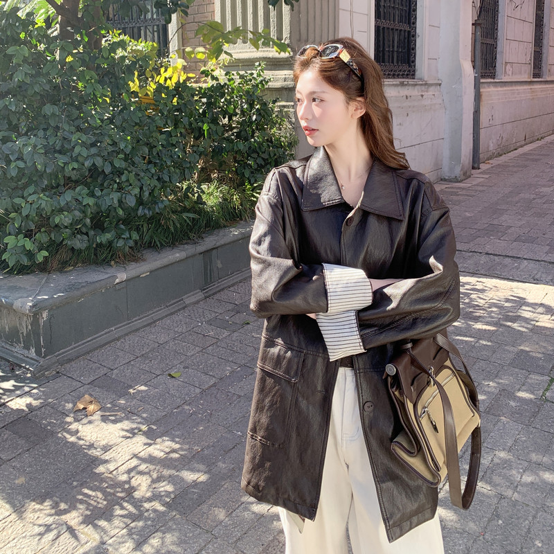 2026新款现货韩版条纹拼接西装皮衣外套风衣1535219P165K268，女装皮衣，浙宝153