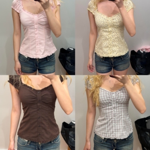 小海鸥2026春夏新款甜美泡泡袖纽扣荷叶边短袖衬衫女小飞袖上衣