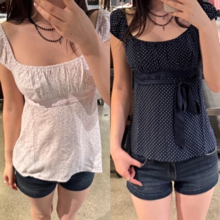 小海鸥2025年夏季新款法式甜美蝴蝶结娃娃装背心吊带女方领上衣