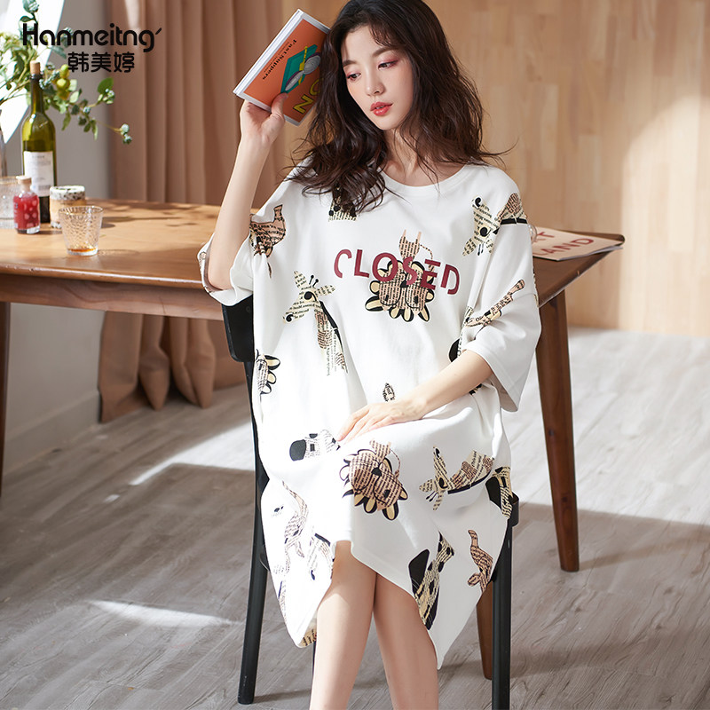 睡衣女夏季睡裙短袖纯棉可爱卡通少女学生半袖长款连体裙子可外穿