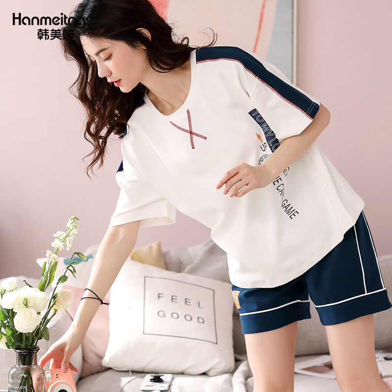 夏季薄款睡衣女纯棉短袖短裤休闲运动可出门家居服两件套女款套装