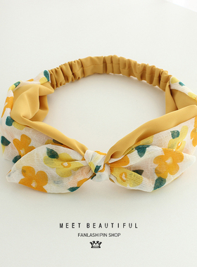 范拉甜美可爱黄色印花亲子款蝴蝶结宽边发带Ins少女打结松紧发箍