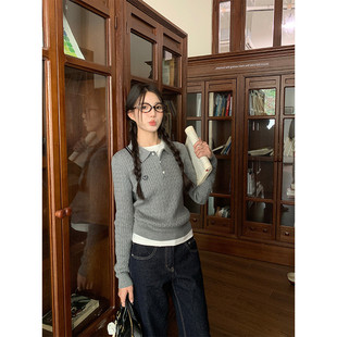 毛衣软糯套头上衣 学院风麻花刺绣polo领针织衫 秋冬新款 女装 长袖