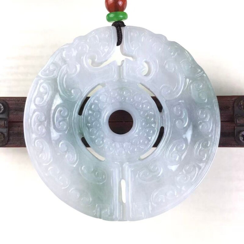 天然缅甸翡翠飘花镂空仿古双龙护主吊坠玉佩时来运转玉石挂件正品