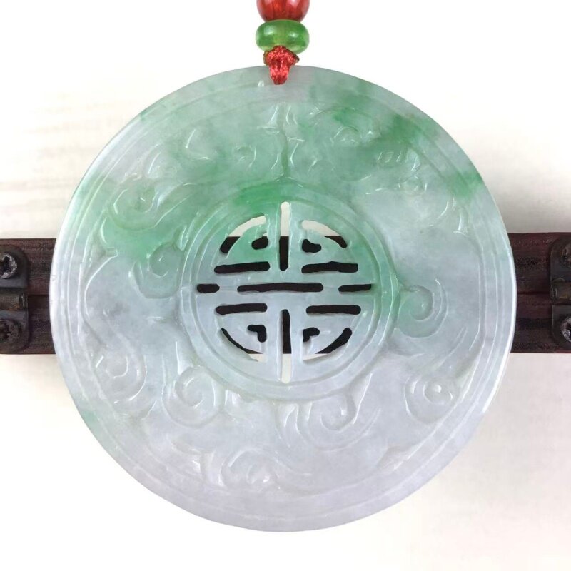 天然缅甸翡翠a货复古镂空雕花圆牌吊坠双面雕刻喜字挂件玉佩百搭