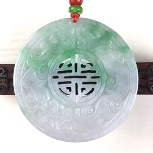 天然缅甸翡翠a货复古镂空雕花圆牌吊坠双面雕刻喜字挂件玉佩百搭