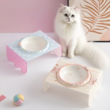 猫碗陶瓷猫食盆猫粮碗狗狗饭碗防打翻喝水碗护颈带碗架猫咪狗碗