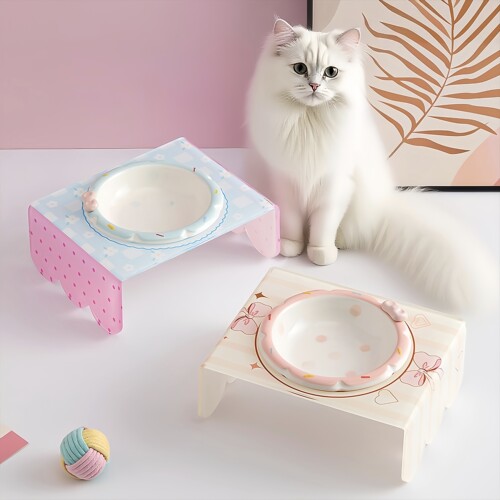 陶瓷猫碗高脚护颈猫咪碗带碗架