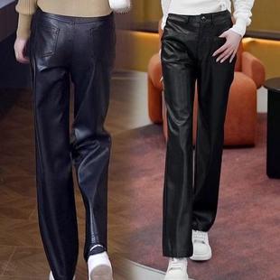 女秋冬2025年新款 宽松阔腿直筒裤 冬季 高腰显瘦PU皮长裤 子 窄版 皮裤