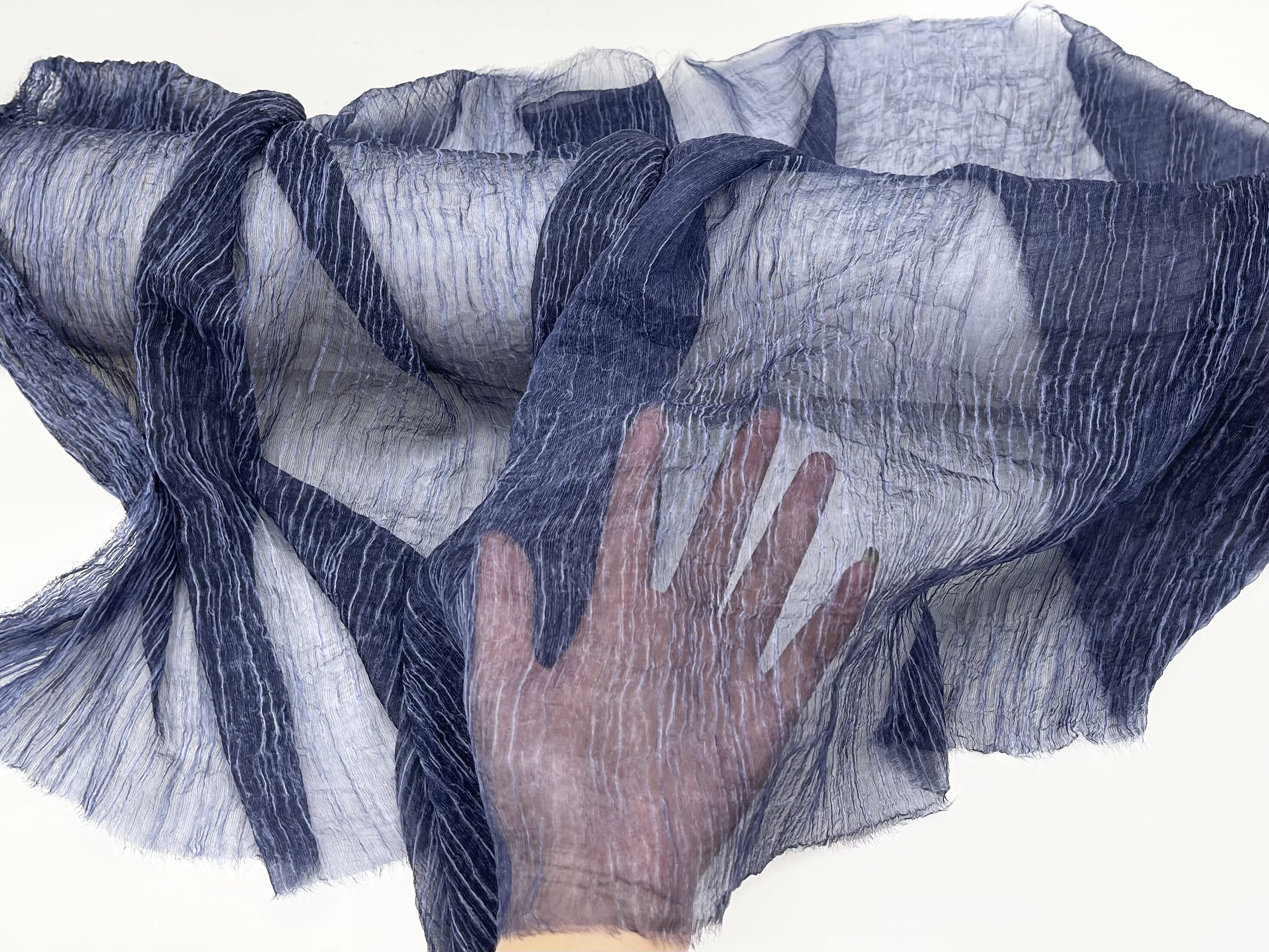 柔软亲肤半透 气质深蓝色双色双绉纱顺纡雪纺面料春夏汉服裙布料