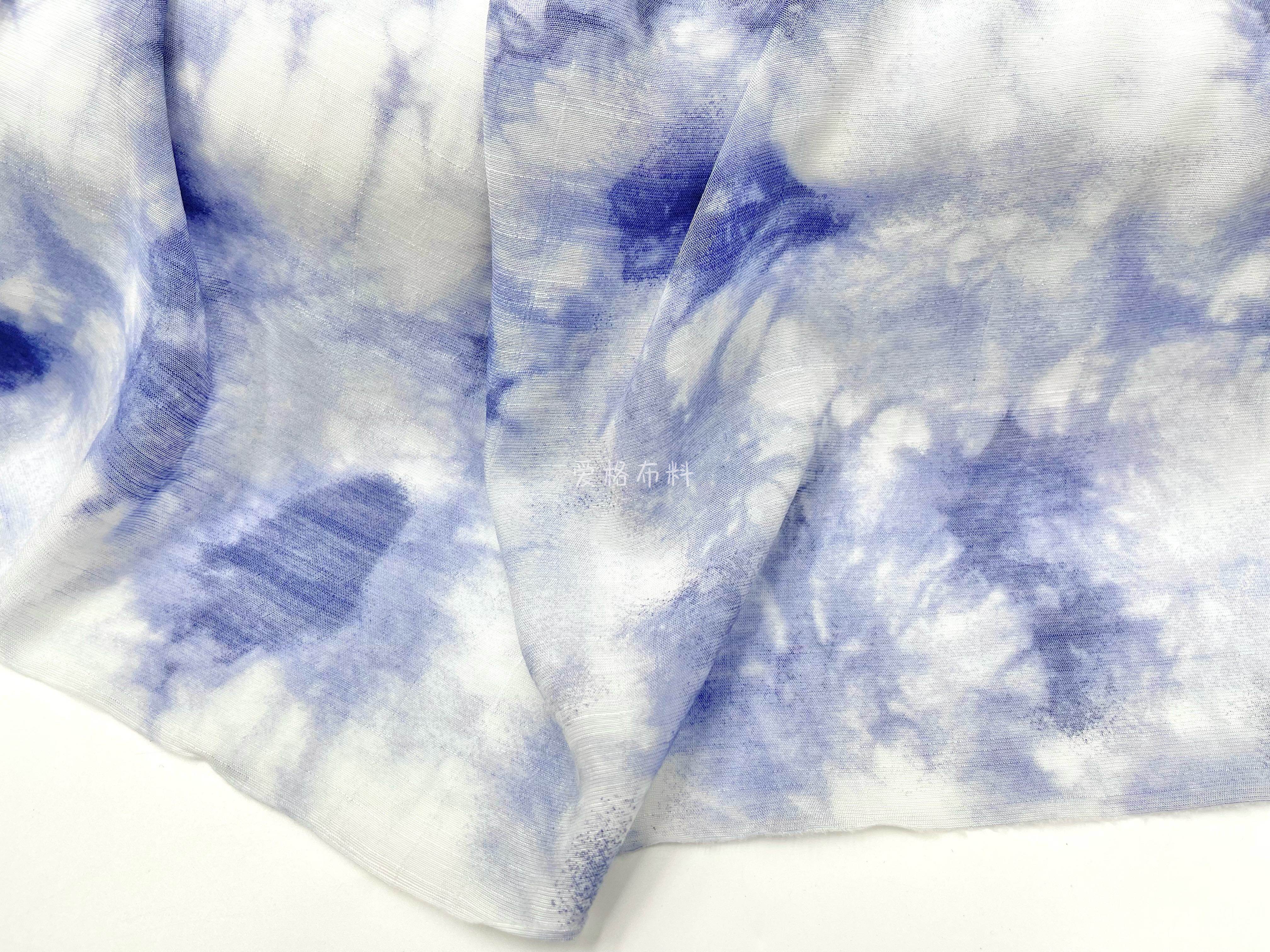 薄款柔软半透 深蓝色扎染印花垂坠竹节纹棉麻面料汉服旗袍裙布料