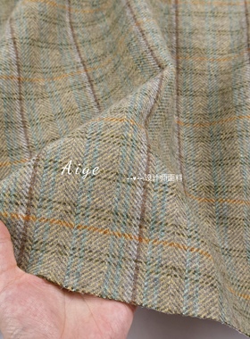 复古绿色 tweed格子人字纹复合粘衬羊毛呢毛料面料冬天大衣布料