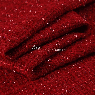 薄款垂坠 红色亮片刺绣编织小香风粗纺面料春秋套装裙服装布料diy
