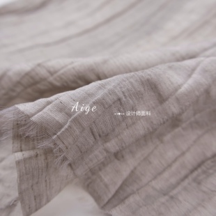 透气垂感 草木染浅灰色竖纹褶皱天丝麻棉麻面料古装汉服套装布料