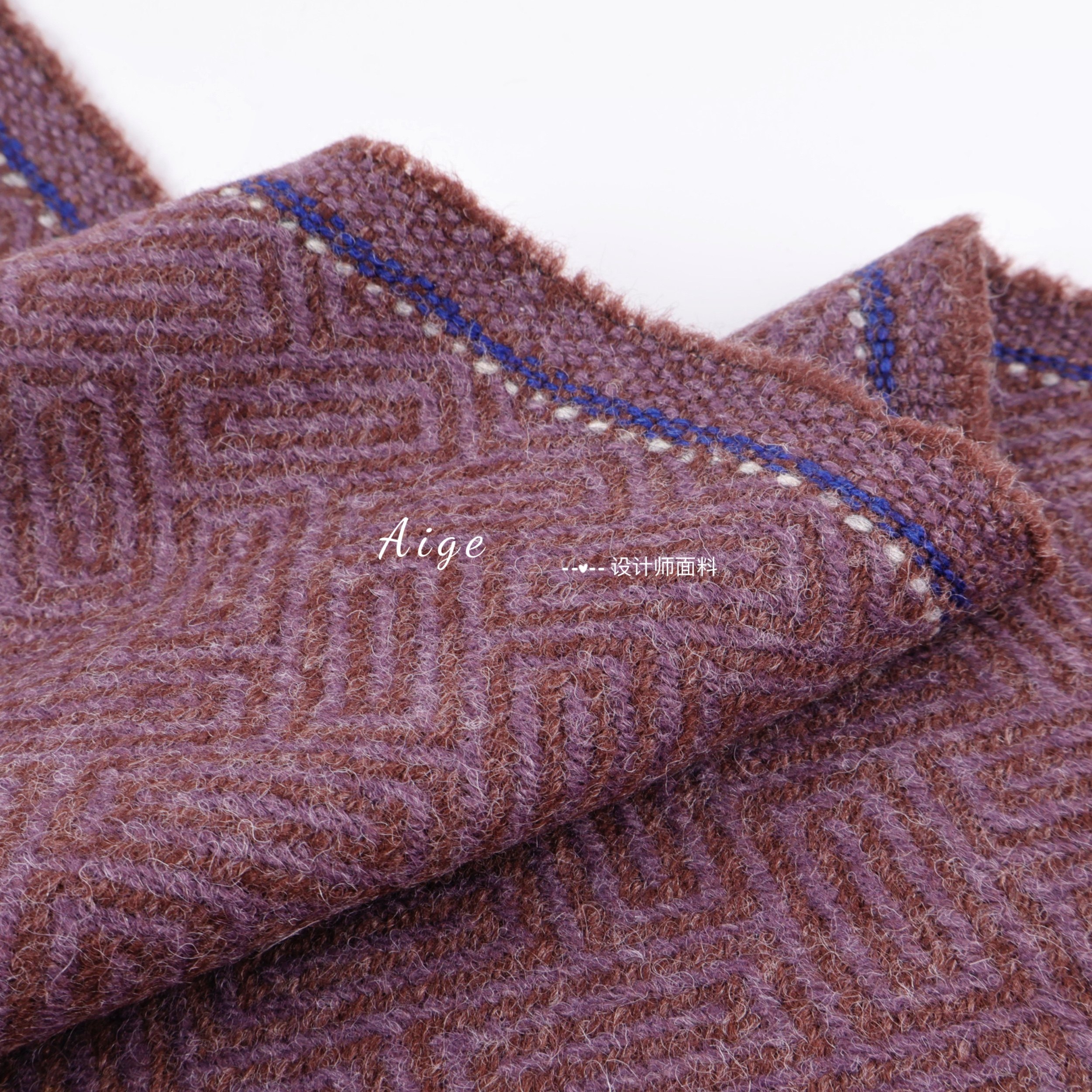 进口 紫棕色回形格纹复古几何羊毛呢毛料面料大衣外套风衣布料diy