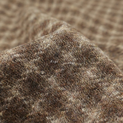 进口复古 棕褐色小格纹格子羊毛毛料毛呢面料西装大衣半裙布料DIY