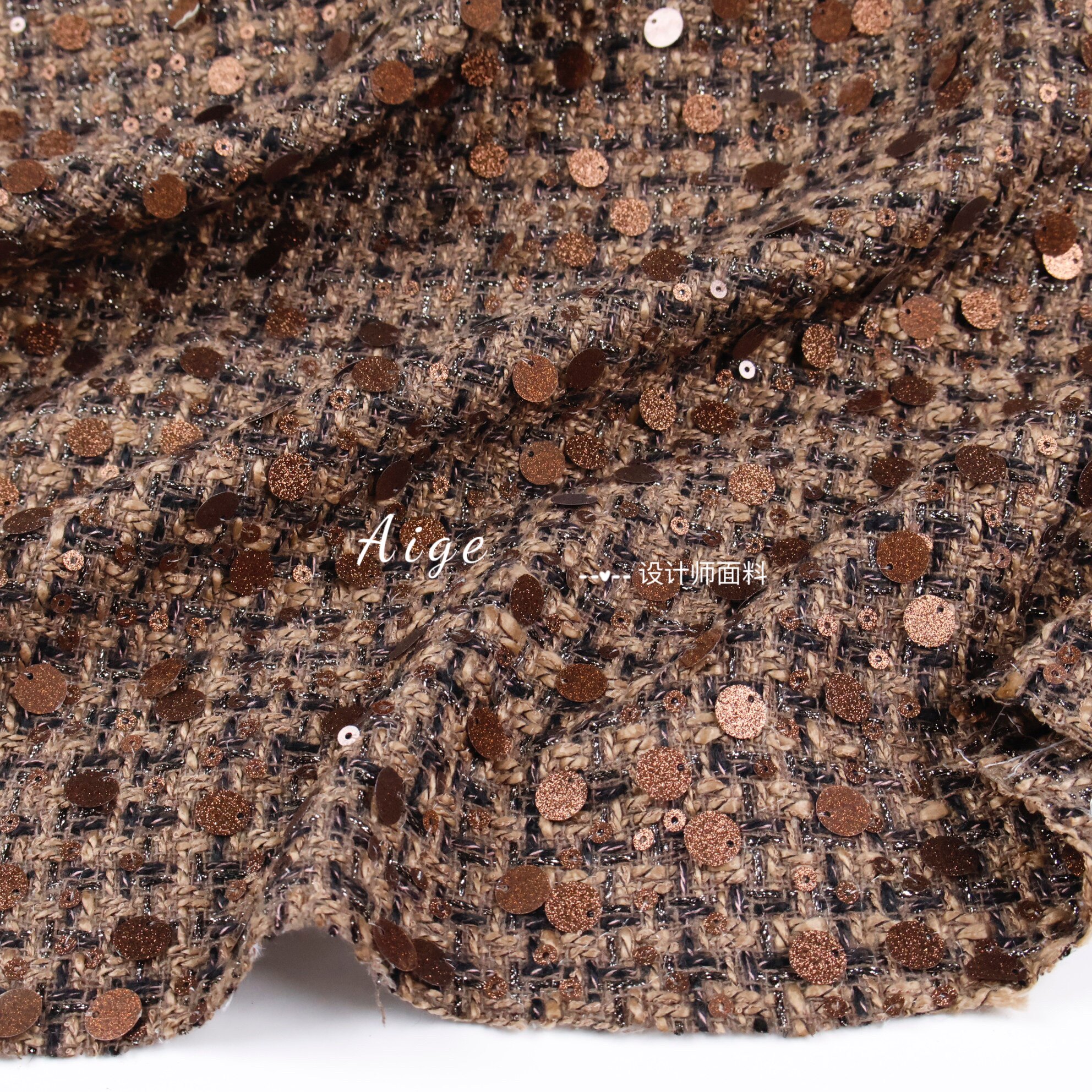 进口 棕色亮片编织小香风粗花呢面料春秋套装连衣裙外套高定布料,居家布艺,海绵垫/布料/面料/手工diy,淘宝优惠券,粉丝福利购,淘宝优惠卷