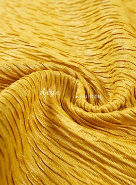 加厚垂感 亮黄色光泽立体褶皱肌理设计师面料风衣套装裙子布料DIY