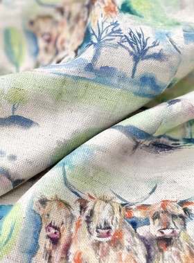 亲肤垂坠 绿色系森林大犀牛卡通印花纯麻亚麻面料春秋旗袍裙布料