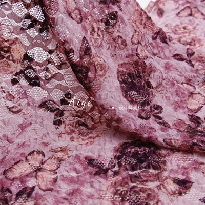 柔软垂感弹力 紫红色蝴蝶印花蕾丝网布面料连衣裙旗袍古装布料DIY