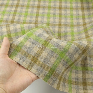 90%羊毛 绿色灰色撞色小格纹双层双面羊毛毛呢大衣外套风衣布料