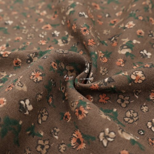 进口 棕色复古小碎花印花纯亚麻麻布面料衬衣连衣裙旗袍古装布料