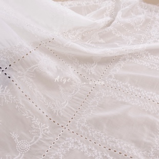 法式重工半透明 白色镂空刺绣方块提花丝麻天丝布料裙子衬衫面料