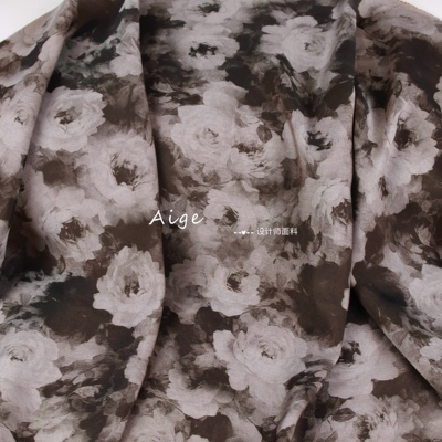 垂感不透 棕褐色晕染玫瑰印花仿真丝香云纱面料旗袍古装裙子布料