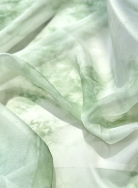 柔软垂感透明 淡绿色水墨不规则扎染化纤天丝布料 纱裙汉服面料