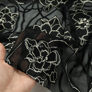 垂感半透 黑色真丝桑蚕丝烂花绡提花雪纺面料衬衣旗袍连衣裙布料