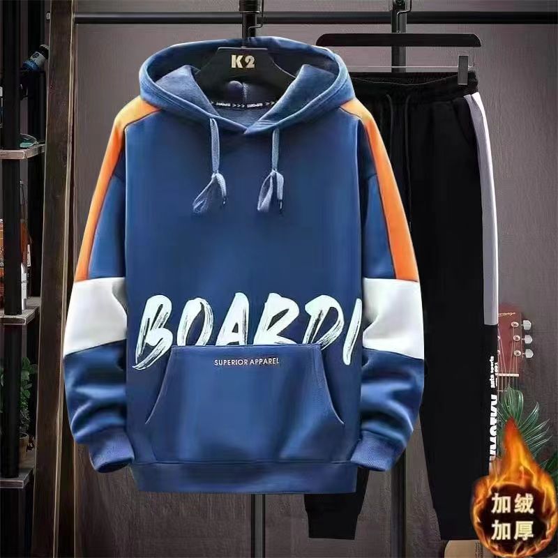 初中生运动服加绒加厚12男大童卫衣套装时尚13岁胖男孩秋冬装酷帅