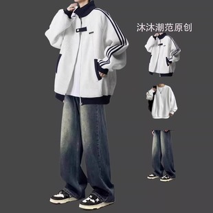 一套春秋季痞帅夹克棒球潮流高街拼接搭配牛仔裤外套服男潮牌运动