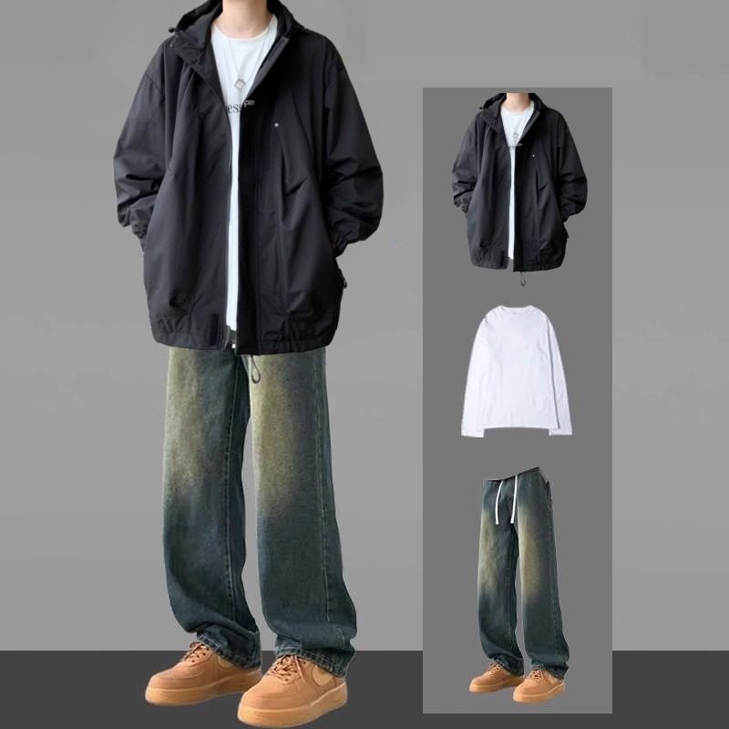 春秋季外套衣服男装冲锋衣潮搭配男一套连帽潮牌穿夹克搭套装休闲,男装,休闲运动套装,淘宝优惠券,粉丝福利购,淘宝优惠卷