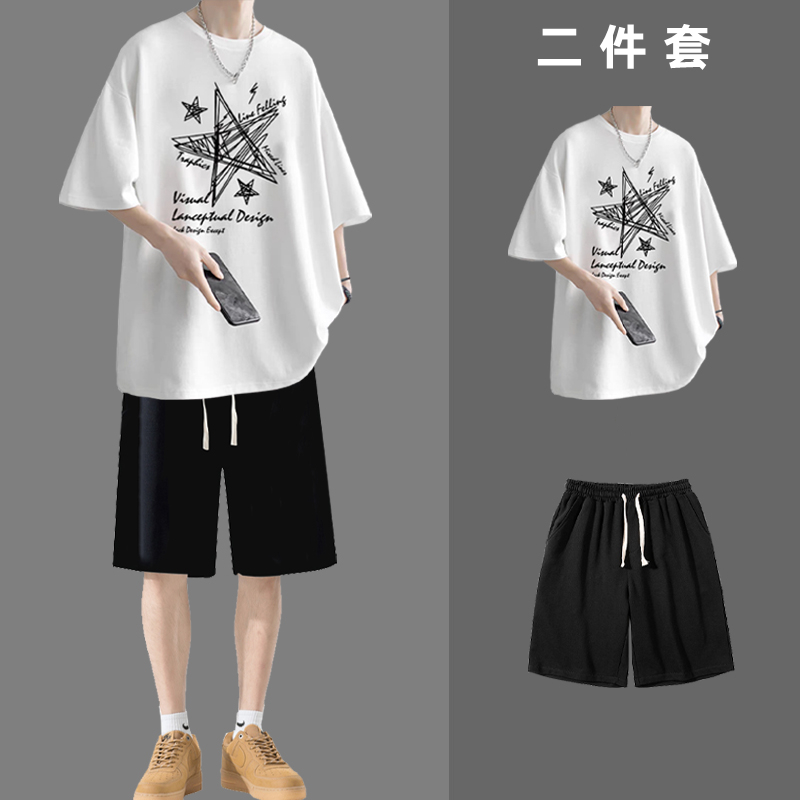 运动套装ins夏装青少年夏天潮流帅气一套T恤港风搭短裤短袖男生穿