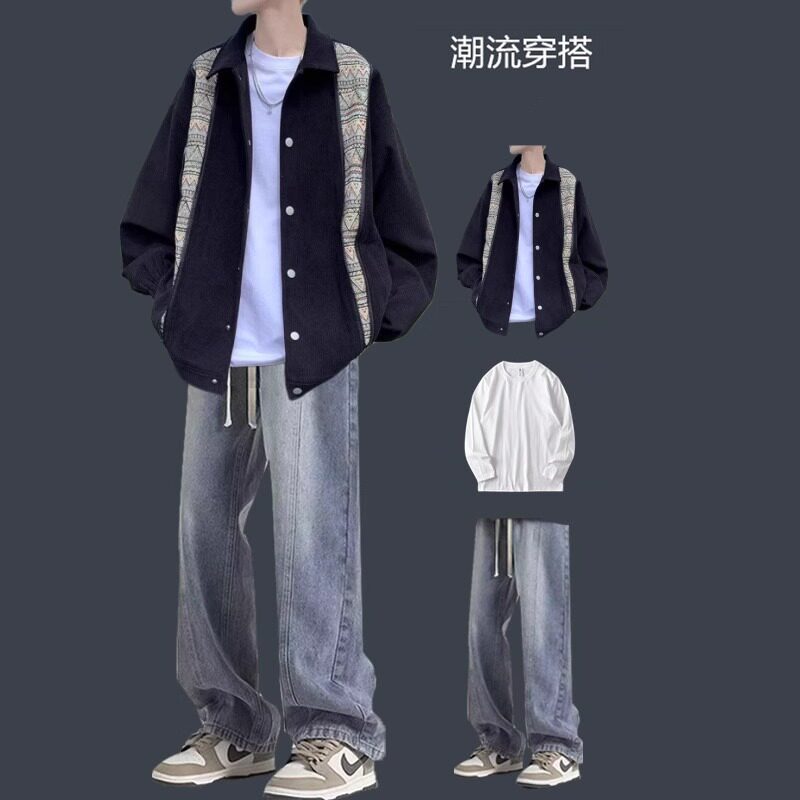 潮牌一套搭配日系春秋季三件套牛仔裤套装夹克男士拼接灯芯绒外套