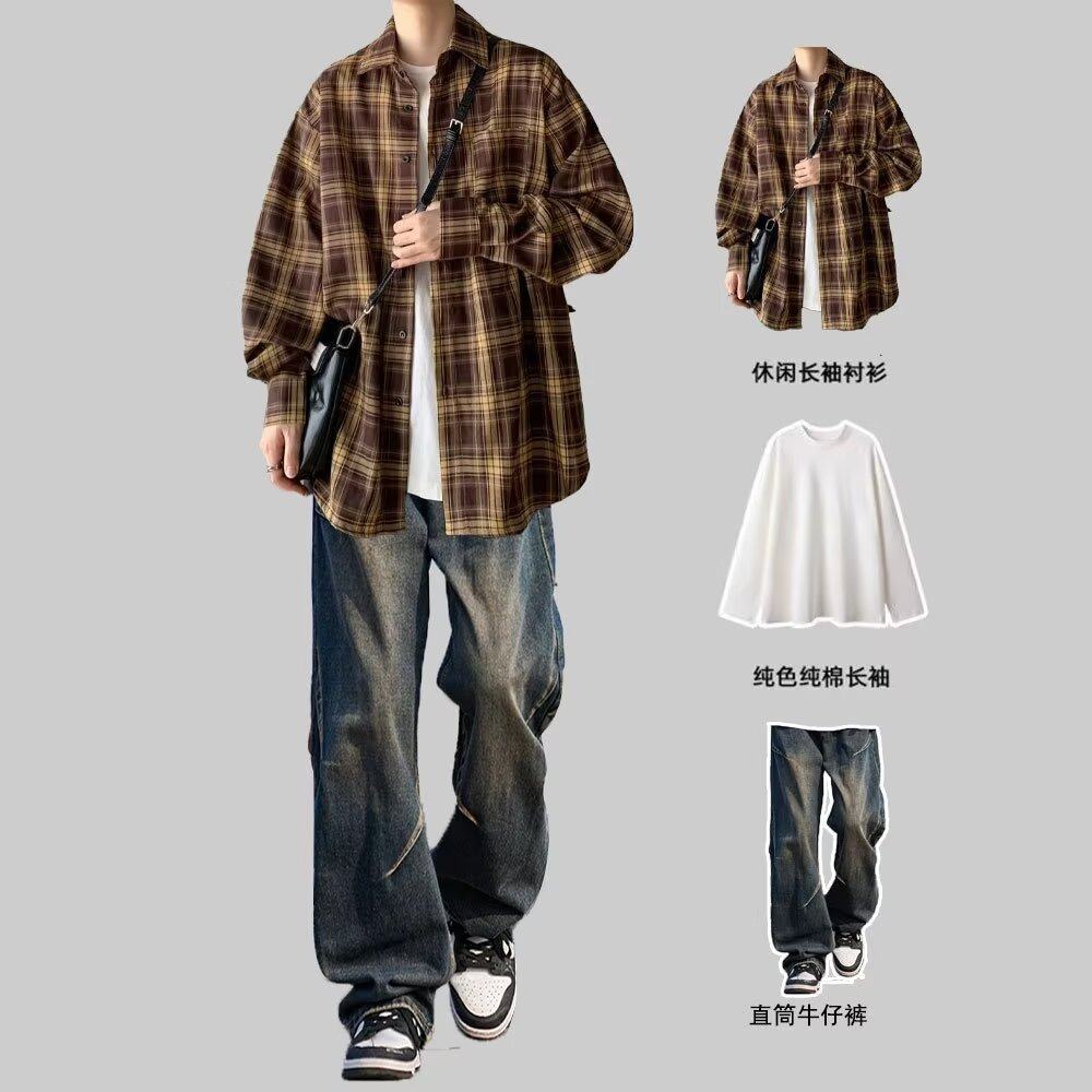 套装衬衣潮流三件套青少年牛仔裤搭配痞帅一套衬衫男生格子春秋季,男装,其他套装,淘宝优惠券,粉丝福利购,淘宝优惠卷