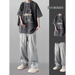 情侣复古半袖ins美式短袖hiphopT恤男纯棉风学生夏季上衣套装炸街