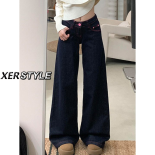 145小个子原牛色潮酷设计感低腰阔腿牛仔裤 ins 女宽松显瘦直筒长裤