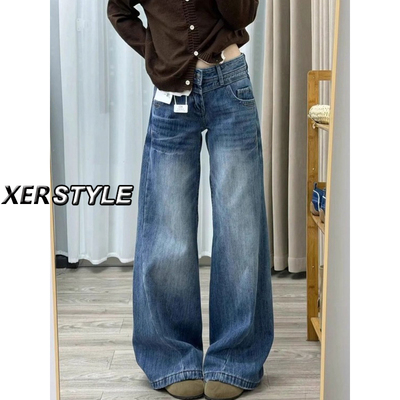 145小个子美式复古水洗阔腿微喇牛仔裤女低腰宽松显瘦百搭直筒裤