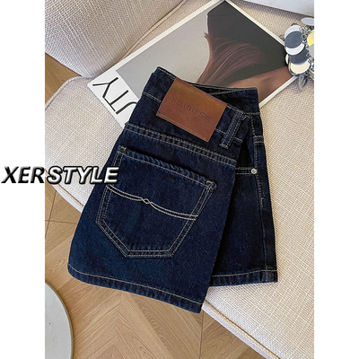 145小个子深蓝色阔腿显瘦显高牛仔短裤女夏高腰百搭a字直筒热裤子
